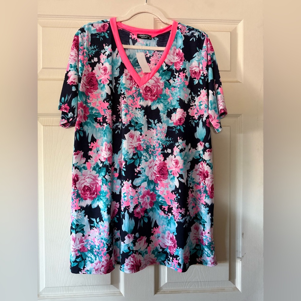 HEIMISH USA Floral V-Neck Top with Pink and Blue